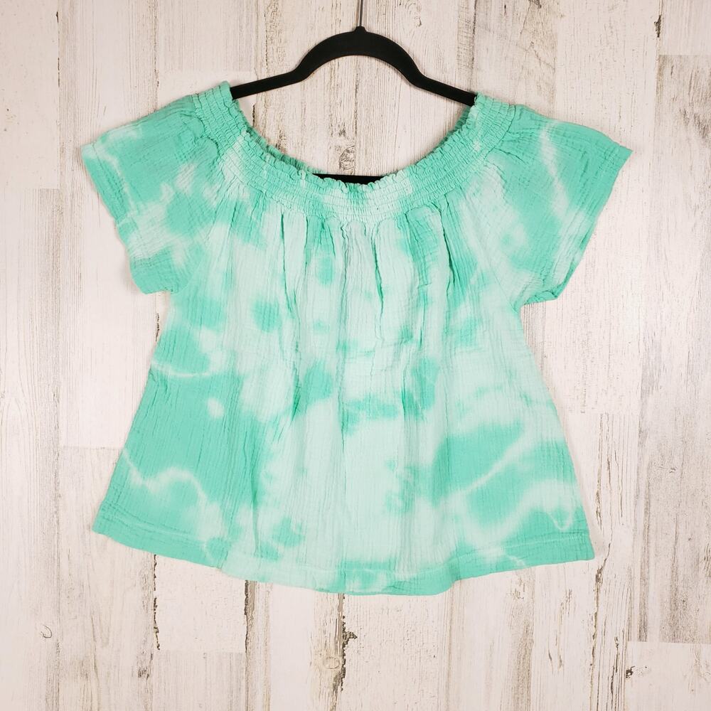 NWT Bobi Gathered Scoop Neck Blue Splatter Tie Dye Top Women's Size Small